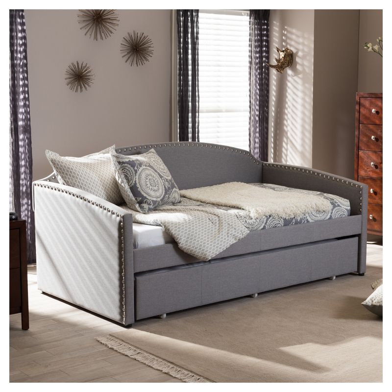 Twin Lanny Modern and Contemporary Fabric Nailhead Trimmed Arched Back Sofa Daybed with Roll Out Trundle Guest Bed Gray - Baxton Studio, 6 of 12