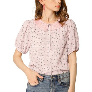 Allegra K Women's Floral Pleated Collar Puff Sleeves Button Down Shirt - 1 of 4