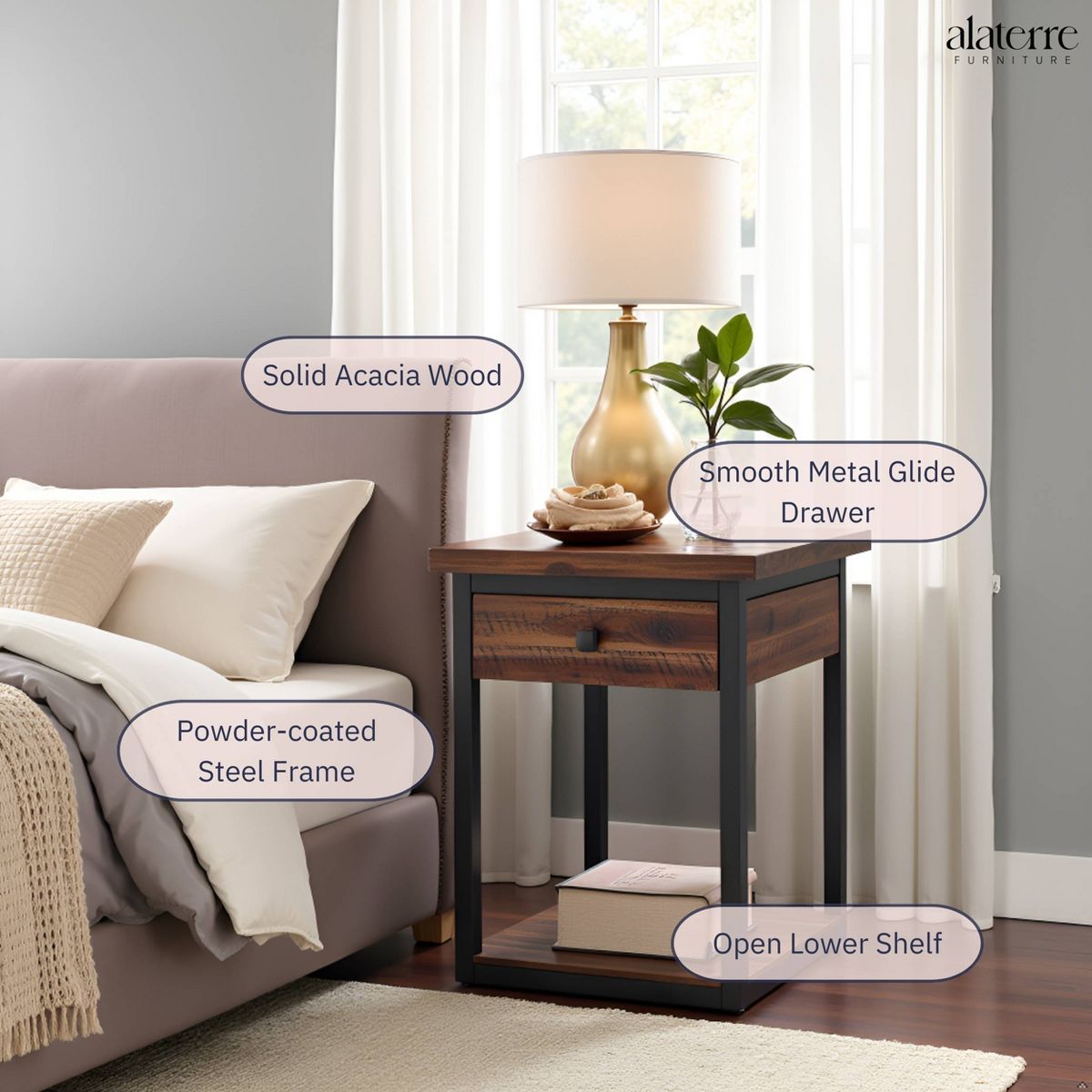 Claremont Rustic Wood End Table with Drawer and Low Shelf Dark Brown - Alaterre Furniture - thumbnail 3