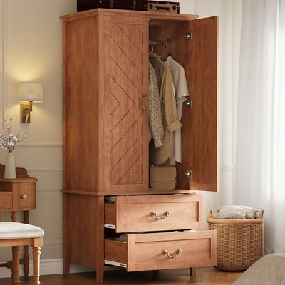 V Shape Armoire Wardrobe Closet with 2 Doors and 2 Drawers, 71.06" Farmhouse Wooden Tall Bedroom Storage Cabinet with Hanging Rod, Large Capacity