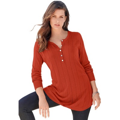 Roaman's Women's Plus Size Fine Gauge Drop Needle Henley Sweater