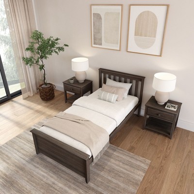 Solid Pine Wood Twin Platform Bed Frame with Slatted Headboard