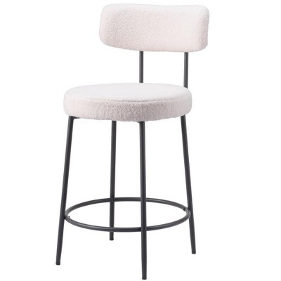 HomeRoots Set of Two 25" Ivory and Black Shearling and Steel Low Back Counter Height Bar Chairs