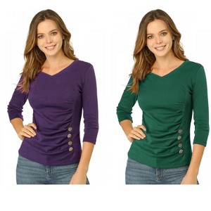INSPIRE CHIC Women's V Neck 3/4 Sleeves Solid Knitted Buttons Decor Ruched Blouse 2 Packs - 1 of 4