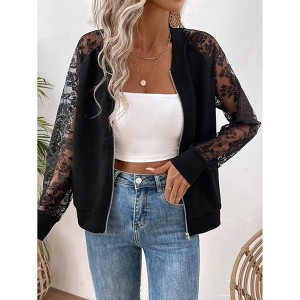 Women's Casual Lace Stitching Coat Long Sleeve Sheer Jacket Zipper Front Baseball Collar Tops Jacket Top Coat - 1 of 4