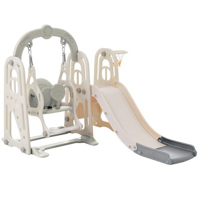 GustoWave 3 in 1 Toddler and Swing Set Climber Playset with Basketball Hoop Freestanding Indoor Outdoor Playground for Kids Grey One Size