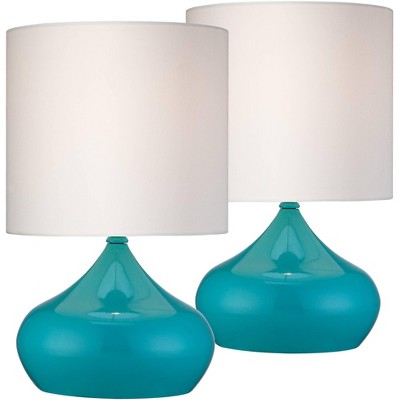 360 Lighting Mid Century Modern Accent Table Lamps 14 3/4" High Set of 2 Teal Blue Steel White Drum Shade for Bedroom Bedside