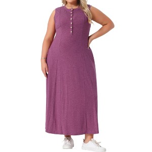 Agnes Orinda Women's Plus Size Summer Crew Neck Sleeveless Buttons with Pockets Maxi Casual A Line Tank Dresses - 1 of 4