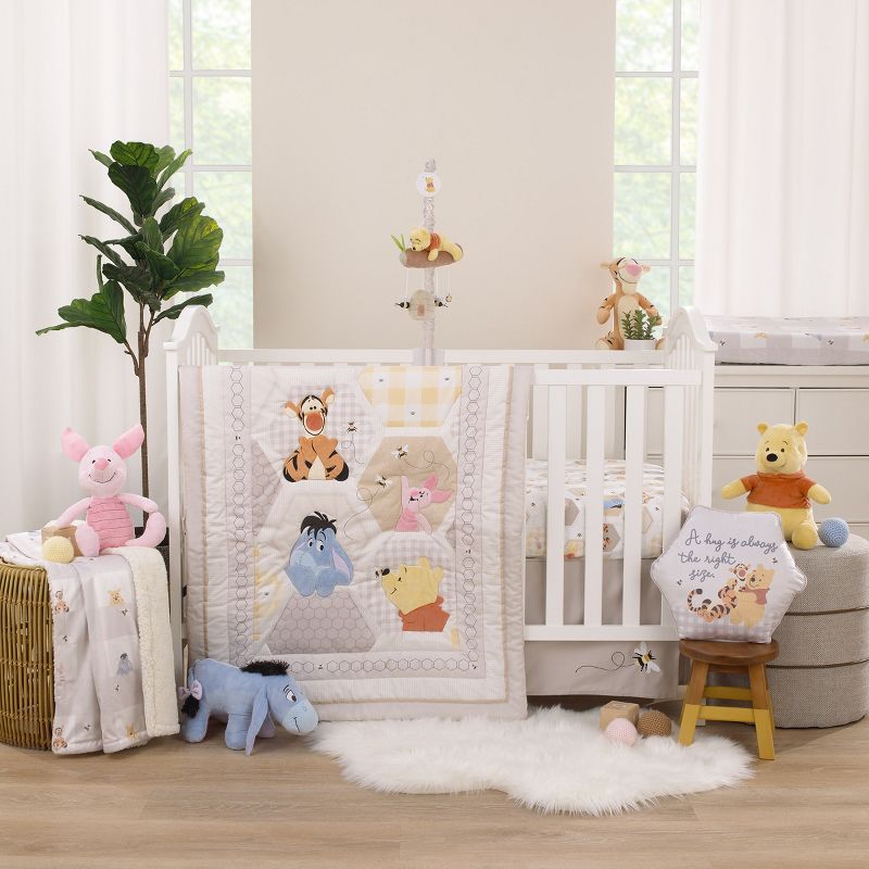 Disney Winnie the Pooh Hugs and Honeycombs Grey, White, and Tan Patchwork with Piglet, Tigger and Eeyore 3 Piece Crib Bedding Set, 1 of 9