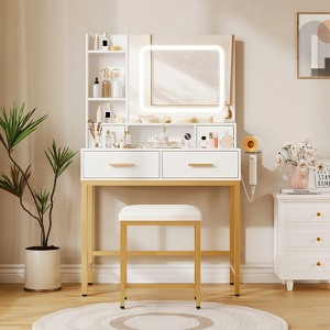 Makeup Vanity Desk with Mirror and Lights, 4 Drawers, 2 Storage Shelves, Built-in Charging Station, White and Gold Vanity Table with LED Light - 1 of 4