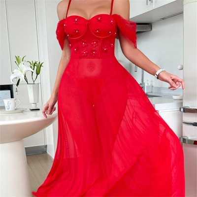 Clotth Ladies Christmas Long Lingerie Dress - Sheer Lace Mesh Lingerie Set with Thong, Elegant Nightwear Outfit, Charming Babydoll Lingerie, Red