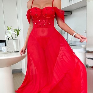 Clotth Ladies Christmas Long Lingerie Dress - Sheer Lace Mesh Lingerie Set with Thong, Elegant Nightwear Outfit, Charming Babydoll Lingerie, Red - 1 of 4