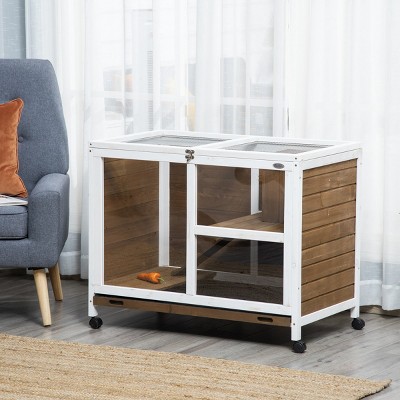 Indoor Wooden Rabbit Hutch with Wheels,Waterproof Cage with Clear Front Tray and Top Access for 1 to 2 Rabbits - LAOTIES