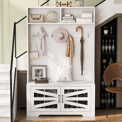 HDZNVF Hall Tree with 7 Coat Hooks for Entrance, 3-in-1 Design and Adjustable Shelves, White