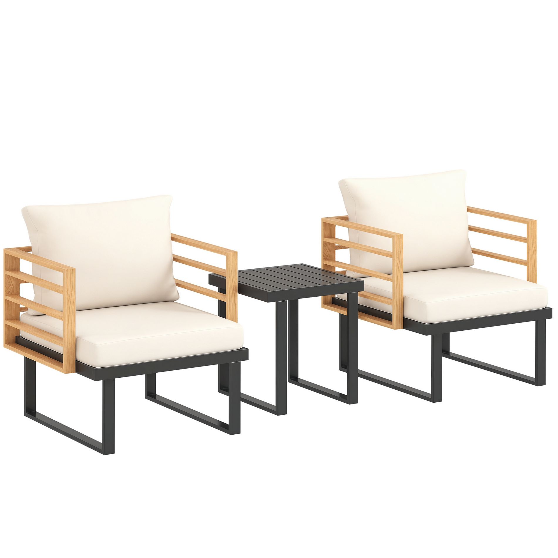 Outsunny 3 Pieces Outdoor Bistro Set, Metal Patio Furniture with Cushions, Armchairs and Slatted Table, Small Patio Set for Balcony, Porch, Beige
