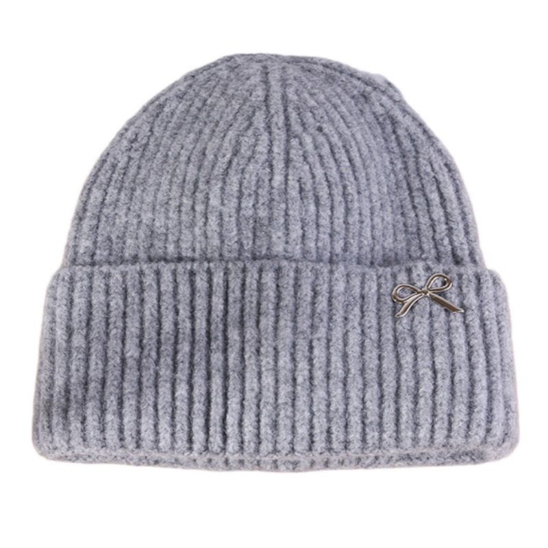 Anna-Kaci Women's Ribbed Knit Beanie Hat with Folded Cuff and Metal Bow Accent for Casual Looks - Gray