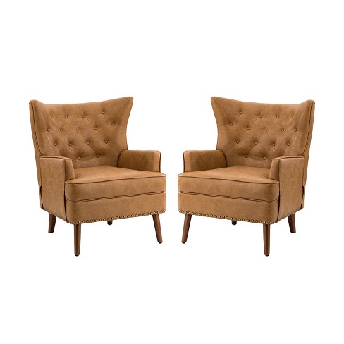 Set Of 2 Thessaly Tufted Wooden Upholstery Vegan Leather Armchair