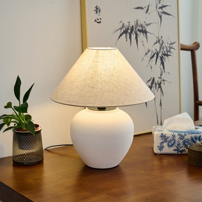 POWLIG 15.75-in White Porcelain LED Table Lamps with Fabric Lamp Shade