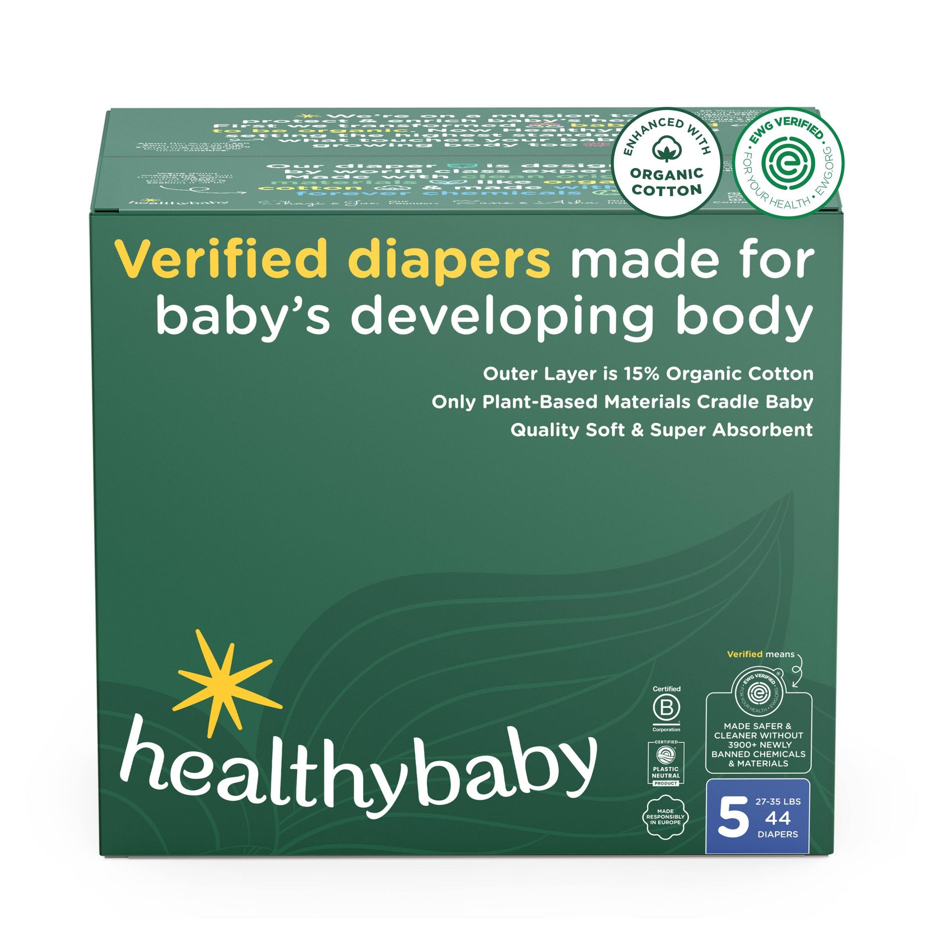 HealthyBaby Certified Safe Organic Cotton Enhanced Diapers - Size 5 - 44ct