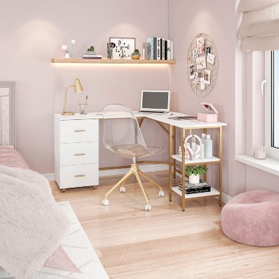 NicBex Home Office Desk L-Shape Writing Desk with 3 Drawers, 2 Open Storage Shelves, Wooden Desktop and Metal Legs for Study and Work