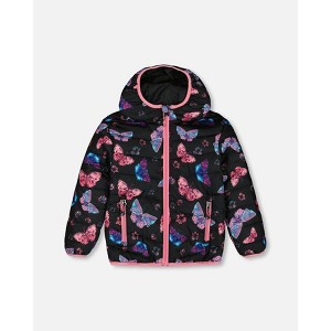 Deux par Deux Girl Printed Quilted Mid-Season Jacket Multicolored Butterflies on Black Background - 1 of 4