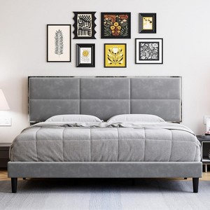 King Size Bed Frame,  New Upholstered King Bed Frame with Square Velvet Headboard, Platform Bed Frame with Batten Bracing, No Box Spring Needed,  Grey - 1 of 4