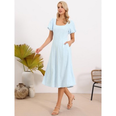 Женские платья INSPIRE CHIC Women's Summer Square Neck Short Puff Sleeve Casual Midi A Line Jacquard Floral Dresses Large Blue — фото 4