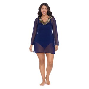 Trimshaper Women's Solid Embroidered Vneck Coverup Dress - 1 of 3