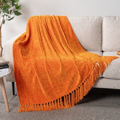 Orange Chenille Knitted Throw Blanket with Tassel Fringe