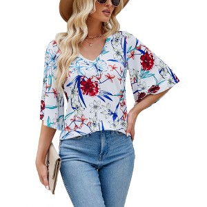 MISSKY Women's 3/4 Sleeve Tunic Tops Casual V Neck Dress Shirts Floral Printed Loose Fit Pleated Blouses - 1 of 4