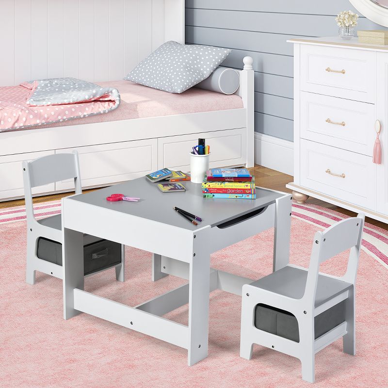 Costway Kids Table Chairs Set With Storage Boxes Blackboard Whiteboard Drawing GreyNature, 5 of 11