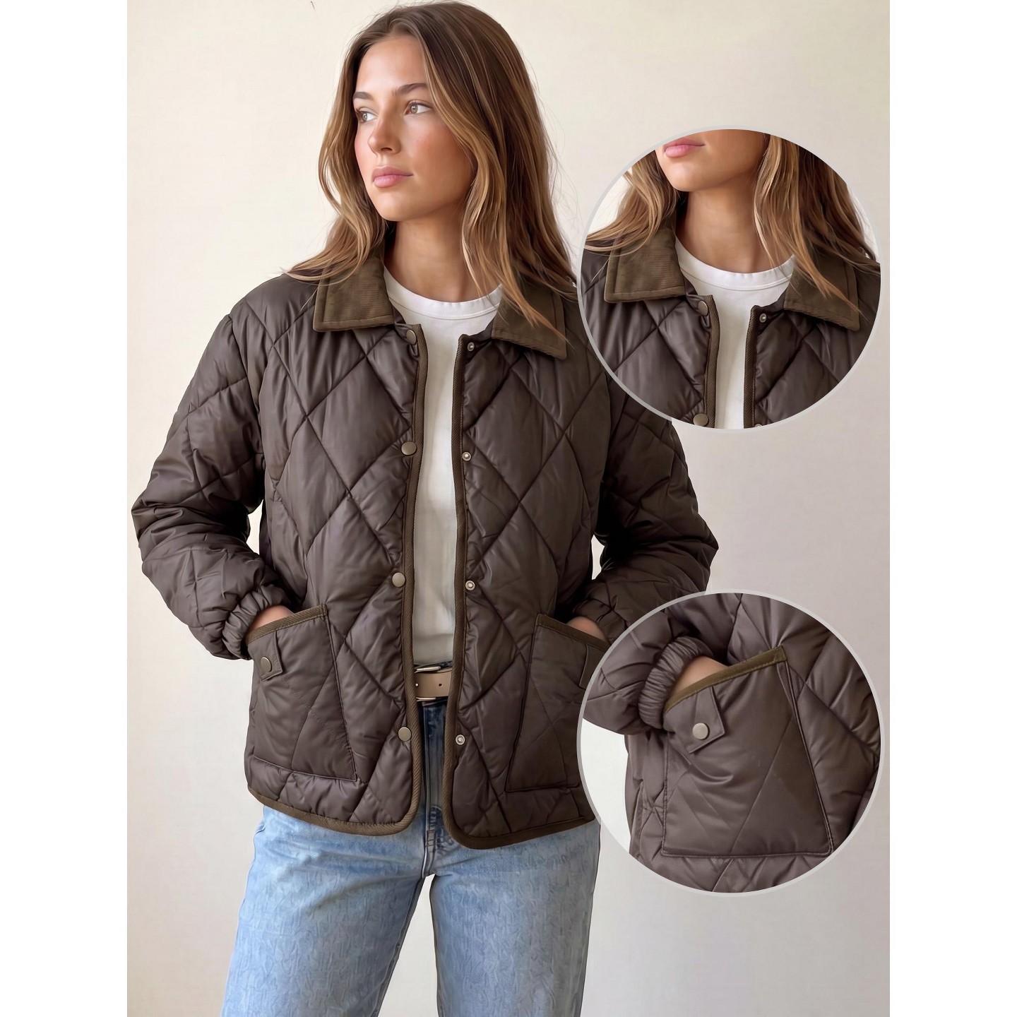 Женская куртка INSPIRE CHIC Color Block Lapel Argyle Quilted Lightweight Button Down Puffer with Gathered Cuffs Coats Small Coffee — фото 2