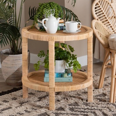 Bella Natural Mahogany Wood and Rattan 2-Tier Round Accent Table