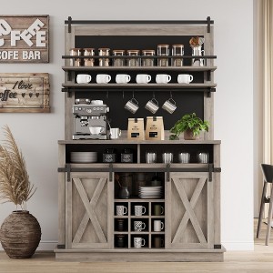 Jojoka 75" Tall Coffee Hutch Cabinet, Farmhouse Coffee Cabinet with Storage and Hooks,Kitchen Buffet Sideboard with Sliding Barn Door for Dining Room - 1 of 4