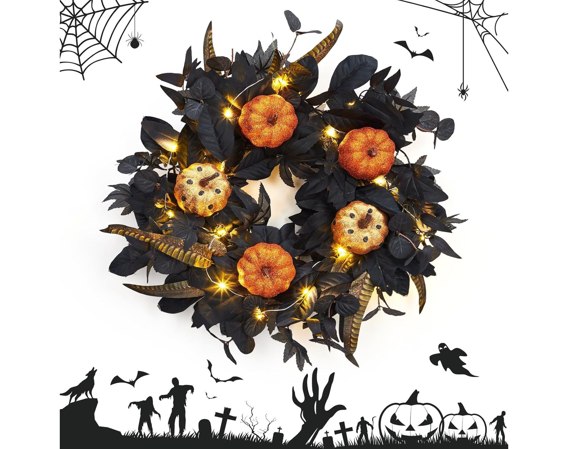 TackView 18in Halloween Pumpkin Wreaths for Front Door,Fall Wreath with Maple Leaves,Autumn Decorations for Window Fireplace