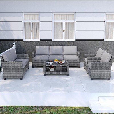 Outdoor Patio Furniture Sofa Sets,7 Piece Rattan Furniture Sectional Couch Set with Glass Coffee Table for Backyard Garden