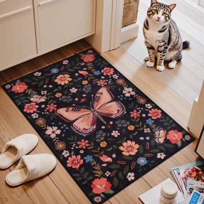 Lahome 2 x 3 (ft) Black GST Modern Butterfly Floral Short Pile Velvet Rectangular Indoor Area Rug