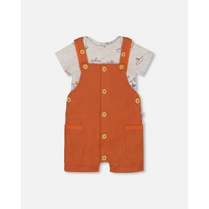 Deux par Deux Boy Printed Organic Cotton Onesie and Muslin Shortall Set Terracotta and Small Boats - 1 of 3