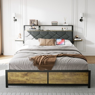 FURNIinspire Beds Queen Size Bed Frame, Modern Simple Metal Platform Bed with Charging Station, Easy Assembly, Grey, 88.58"*83.66"*41.34"