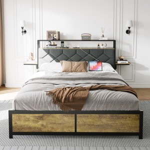 FURNIinspire Beds Queen Size Bed Frame, Modern Simple Metal Platform Bed with Charging Station, Easy Assembly, Grey, 88.58"*83.66"*41.34" - 1 of 4