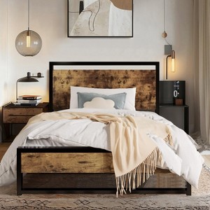 Allewie Metal Bed Frame with Rustic Headboard & Footboard, Sturdy Frame Construction, No Box Spring Needed - 1 of 4