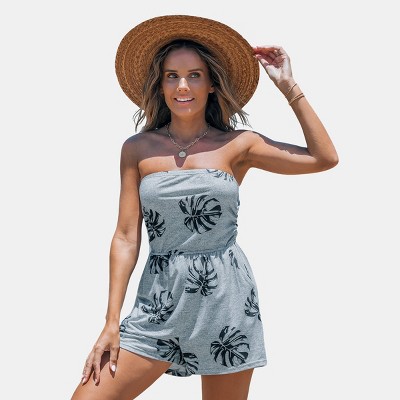 Women's Tropical Palm Print Strapless Romper - Cupshe