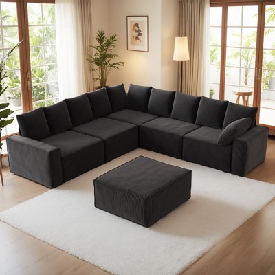 XIZZI Modular Corduroy Sectional Sofa: 5 Sold-Separately Units (Corner, Arms, Ottoman) | Black/Camel | Standard/Large Cushion Options | DIY Friendly