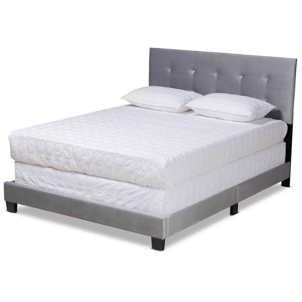 Photos - Bed Queen Caprice Glam Velvet Fabric Upholstered Panel  Gray - Baxton Studio: Wood Frame, Requires Box Spring