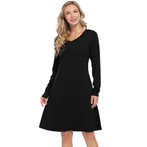 Women's V Neck Long Sleeve T Shirt Dress Basics Plain Dresses Casual Loose Flowy Swing Dresses - 1 of 4