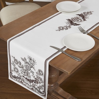 Ivory and Brown Floral Polyester 90" Table Runner