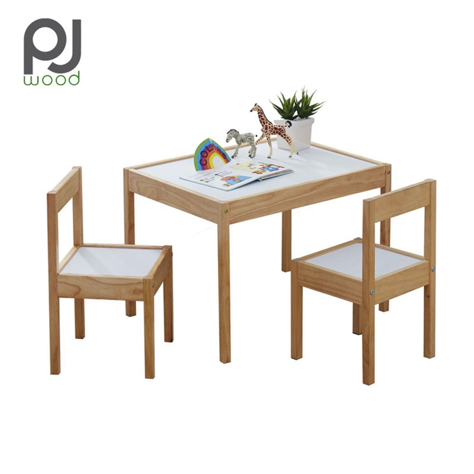 PJ Wood 3 Piece Solid Rubberwood Table and Chairs Set with Natural Finish, Rounded Edges and Corners, and Wipeable Dry Erase Surface