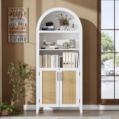 63'' Arched Pantry Storage Cabinet, Farmhouse 5 Tier Bookcase with Adjustable Shelf and 2 Glass/Rattan/Cross Doors, for Kitchen, Living Room, Bedroom