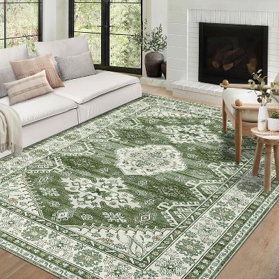 Washable Rug Vintage Distressed Non-Slip Foldable Low Pile Traditional Indoor Carpet for Living Room Bedroom Office