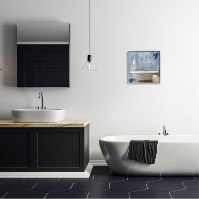 Blue Floral Relax Bathroom Scene 17'' x 17'' Canvas Print with Gray Frame